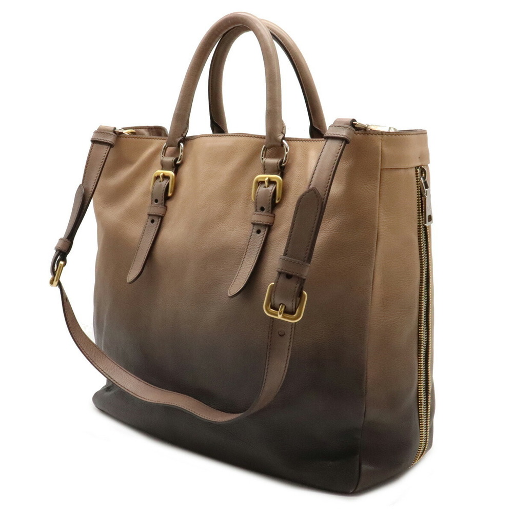 Prada Leather Dark Glace Beige Gray Zippers Handbag 2WAY